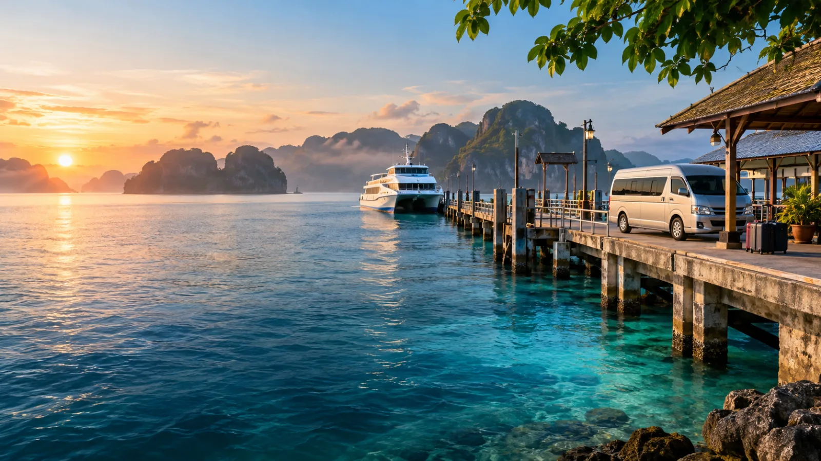 Ferry and minivan waiting at a Thai island pier at sunrise